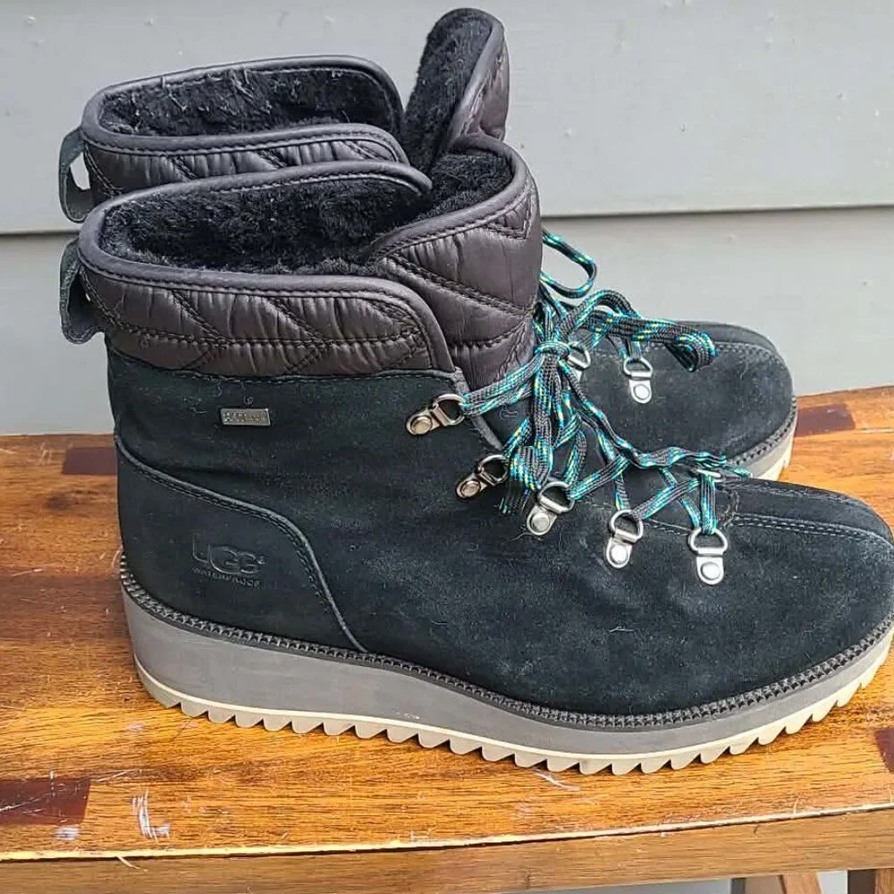 UGG Black Suede Shearling Birch Lace Up Boot size 8